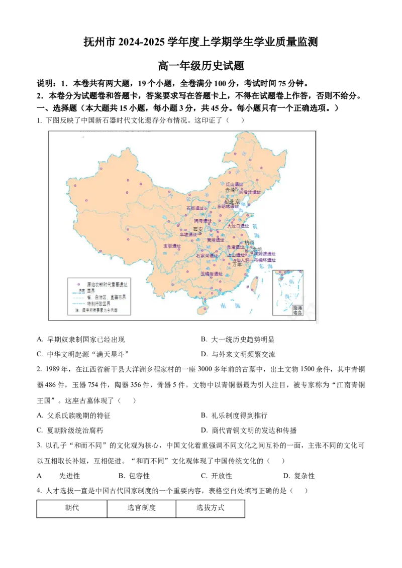 江西省抚州市2024-2025学年高一上学期期末统考历史试题Word版无答案_2025年03月试卷_0323江西省抚州市2024-2025学年高一上学期期末考试