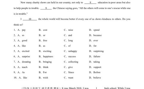Unit2单元话题（志愿服务）完形填空15篇（学生版）_最新人教版英语八年级下册_旧版（有参考价值）_版本二_八年级英语下册（人教版）_重难点讲练-U221