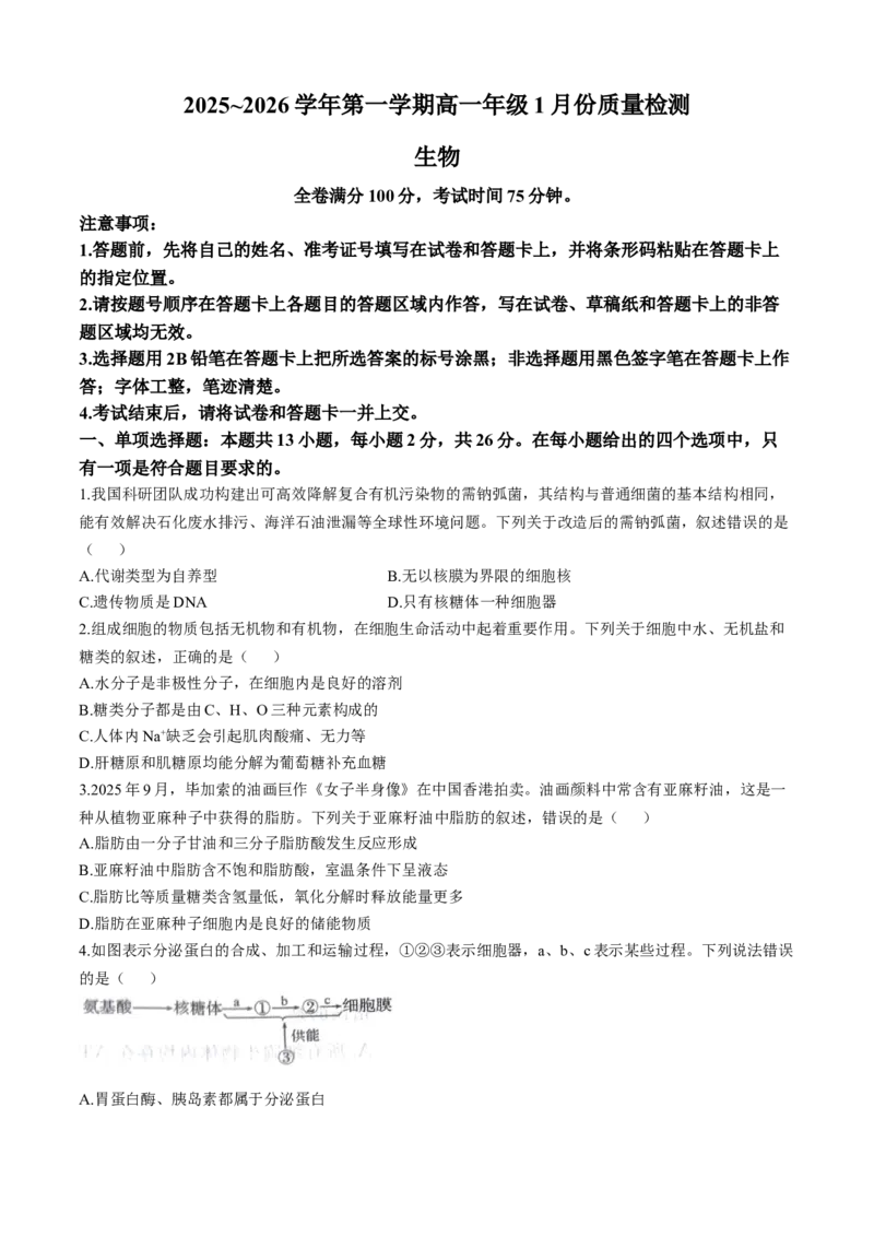 河北省石家庄市七县联合体联考2025-2026学年高一上学期1月月考生物试题含答案_2026年01月高一试卷_260127河北省石家庄市七县联合体2025-2026学年高一上学期1月月考（全）