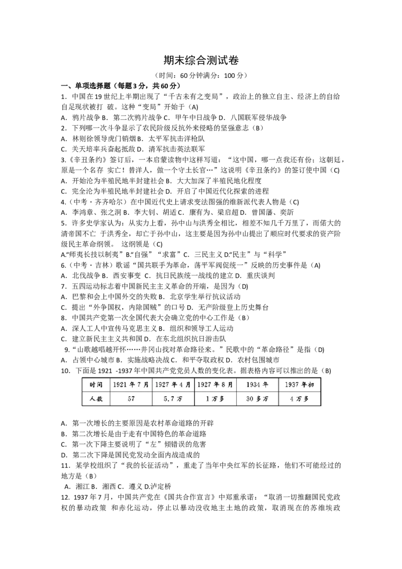2018秋人教部编版八年级历史上册期末综合测试卷Word版含答案_初中_人教版初中历史新八上_5.知识点+复习资料（多套）_人教版八年级历史上册期末复习试卷汇编打包下载