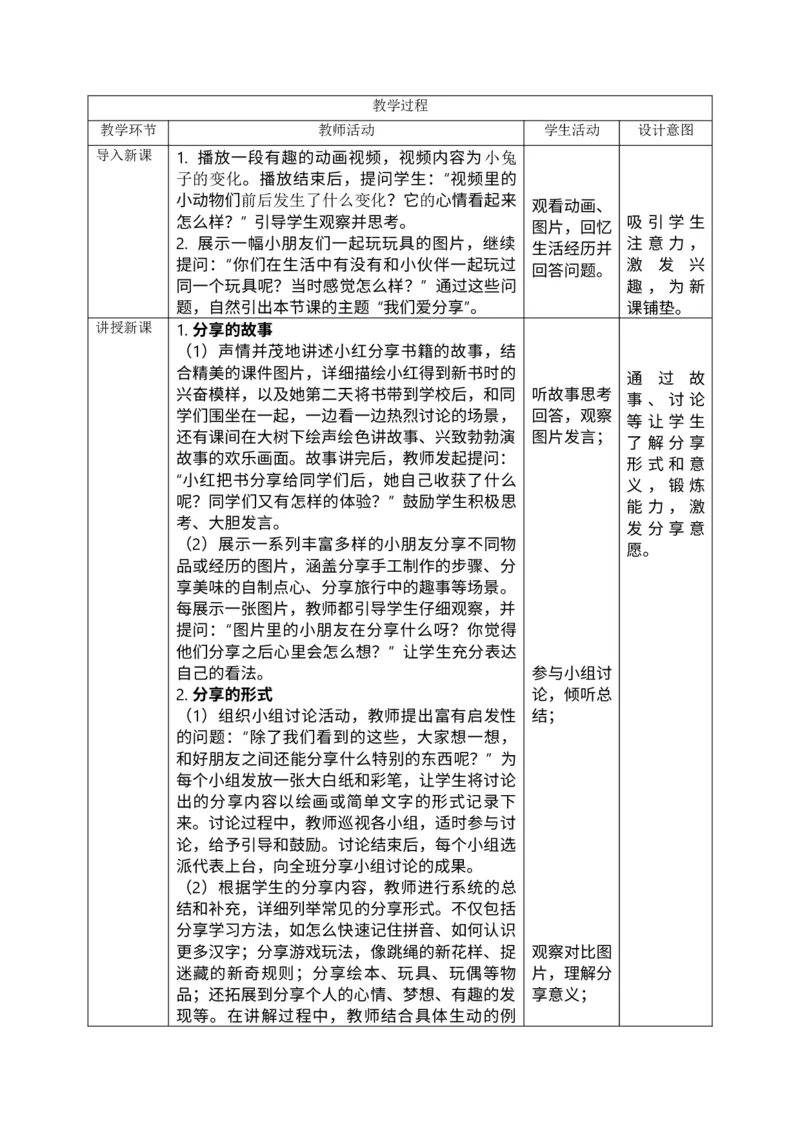 核心素养2.3我们爱分享第一课时教案_A493小学道法_人教版小学道德与法治教学资源包_人教版小学道德与法治（新教材123年级）(2025秋新版)_1年级下册（25春）_PPT课件+教案
