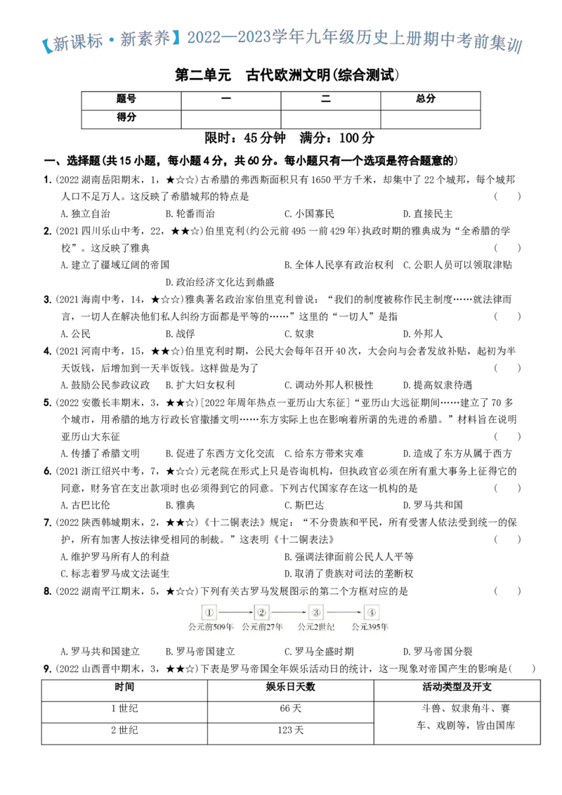 〖卷02第二单元综合测试（学生使用版，答案解析最后）_新版初中_最新历史九年级上册_07习题试卷9上历史_4、期末试卷