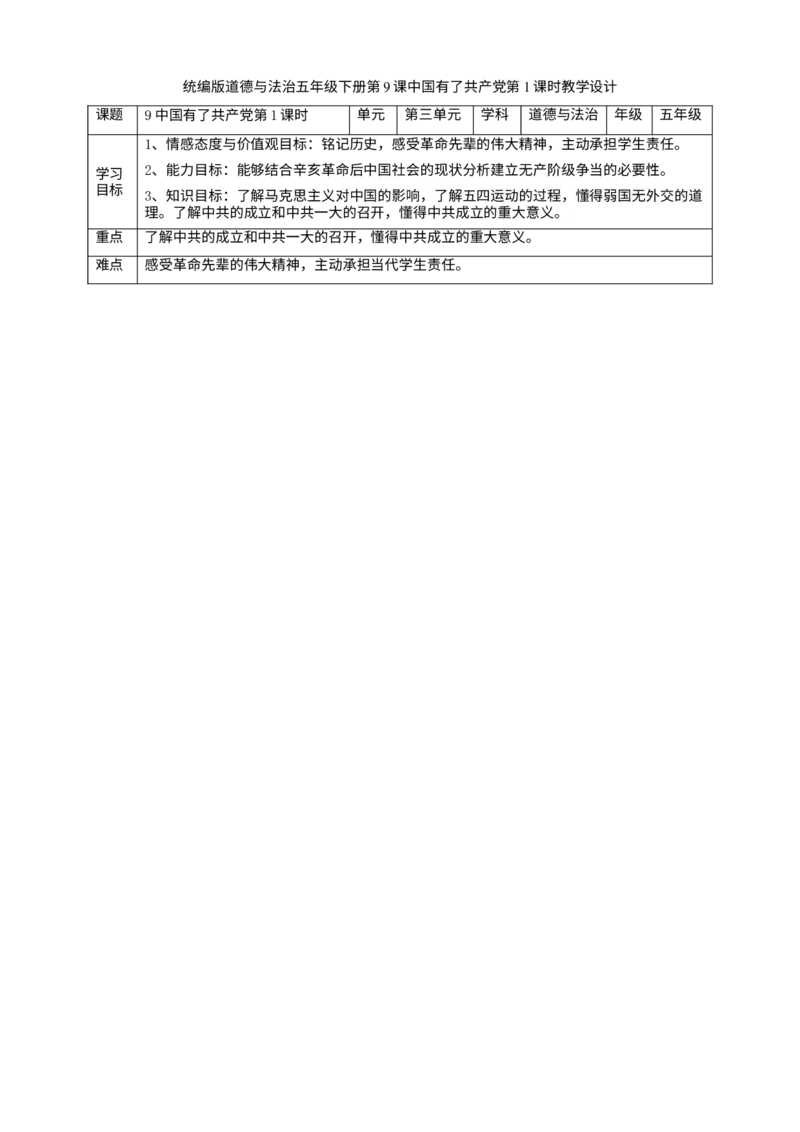 9中国有了第一课时教案_A493小学道法_26新五年级道法下册（统编版）_教学教案_教案四