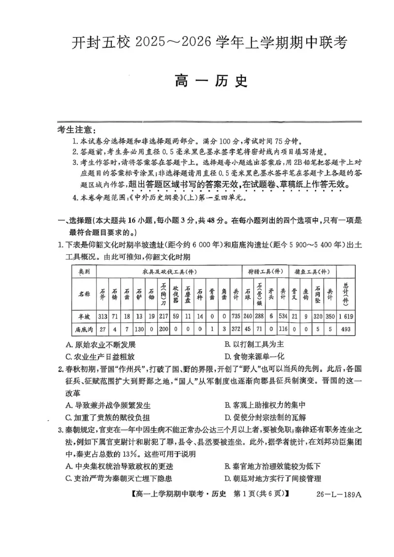 河南省开封市五校2025-2026学年高一上学期期中联考试题历史PDF版含解析_2025年12月高一试卷_251217河南省开封市五校2025-2026学年高一上学期期中联考
