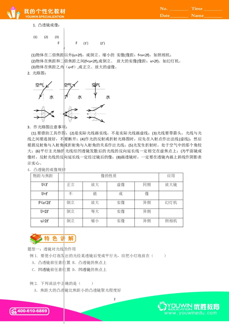 初中物理同步讲义8年级第11讲：透镜、凸透镜成像的规律&nbsp;（学生版）_初物_人教版初中物理初二三教案讲义专项练习八九年级电子版word资料_最新人教版初中物理初二上册