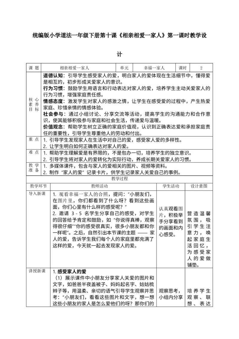 核心素养3.2相亲相爱一家人第一课时教案_A493小学道法_人教版小学道德与法治教学资源包_人教版小学道德与法治（新教材123年级）(2025秋新版)_1年级下册（25春）_PPT课件+教案