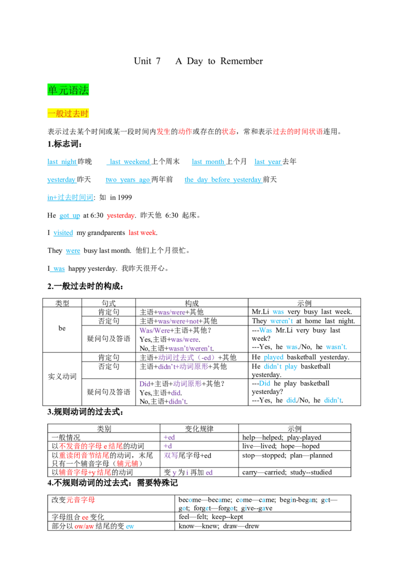 Unit7教师版--_最新人教版英语七年级下册_七下英语2025版_08.2025春英语人教7下语法讲练结合（1-8单元）_Unit7ADaytoRemember--