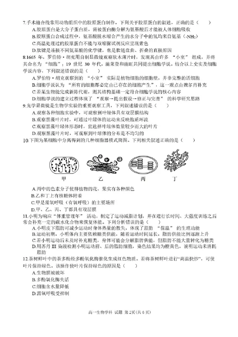 浙江省台州市十校联盟2025-2026学年高一上学期11月期中生物试题含答案_2025年11月高一试卷_251109浙江省台州十校联盟2025-2026学年高一上学期11月期中联考