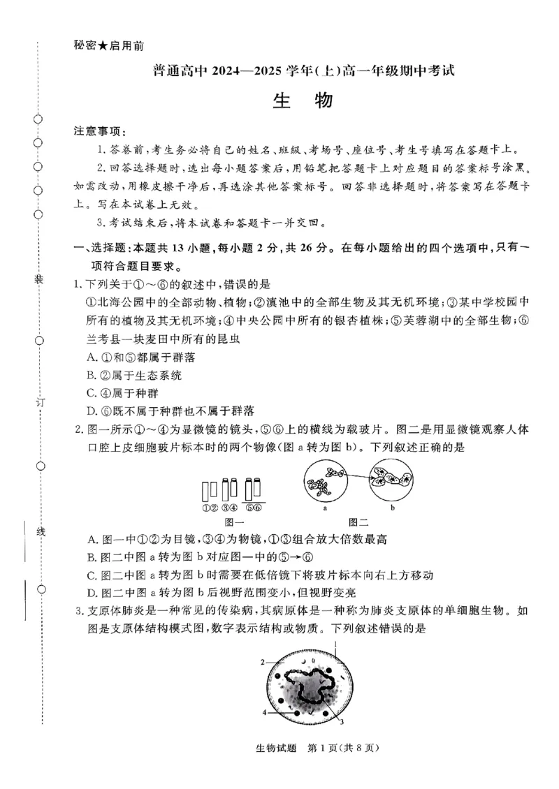 河南驻马店2024-2025学年（上）高一年级期中考试生物试题_2024年11月试卷_1122青桐鸣河南省普通高中2024-2025学年高一上学期期中