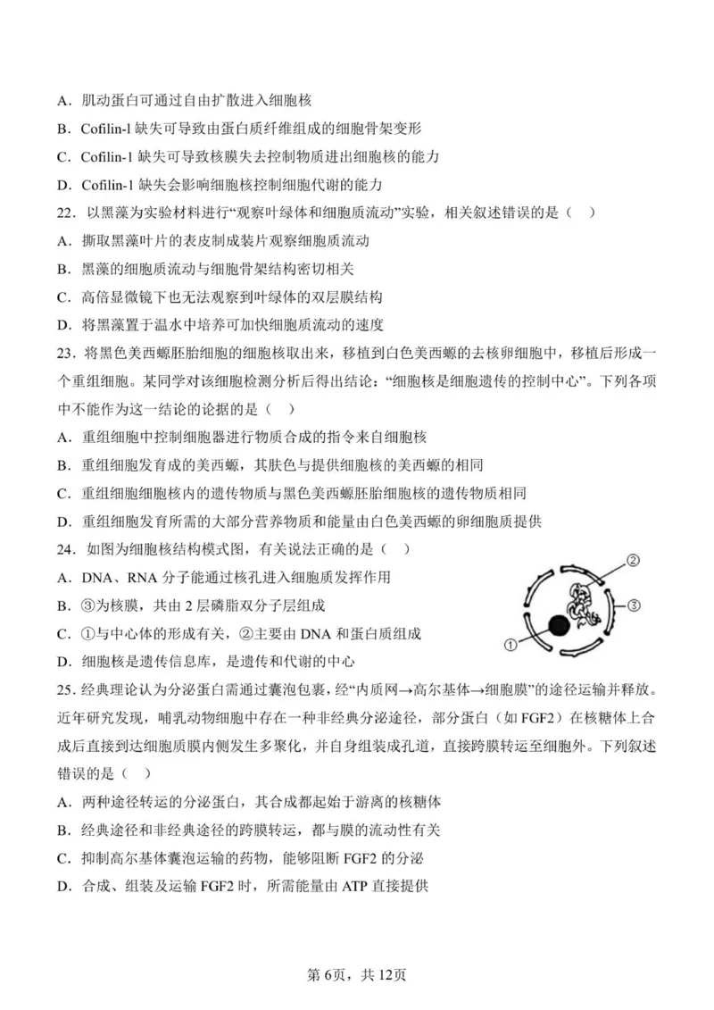 济南一中2025级高一上学期1月学情检测-生物试题_2026年01月高一试卷_260115山东省济南第一中学2025-2026学年高一上学期1月学情检测（全）