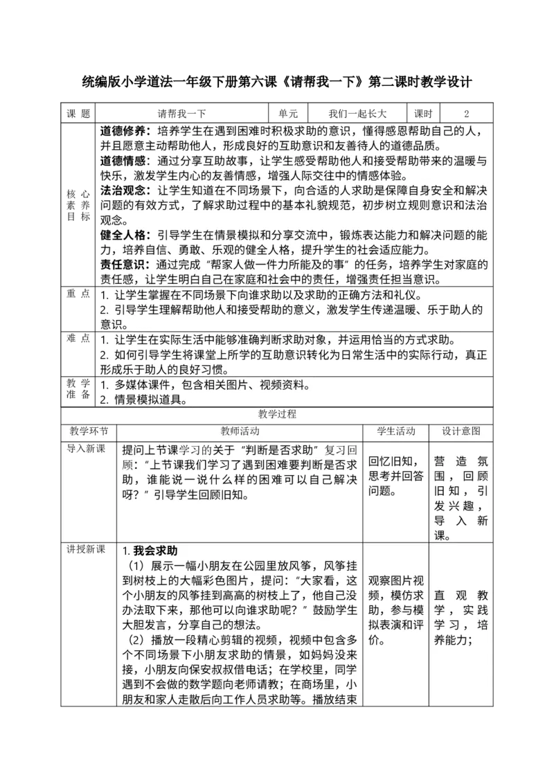 核心素养2.2请帮我一下第二课时教案_A493小学道法_人教版小学道德与法治教学资源包_人教版小学道德与法治（新教材123年级）(2025秋新版)_1年级下册（25春）_PPT课件+教案
