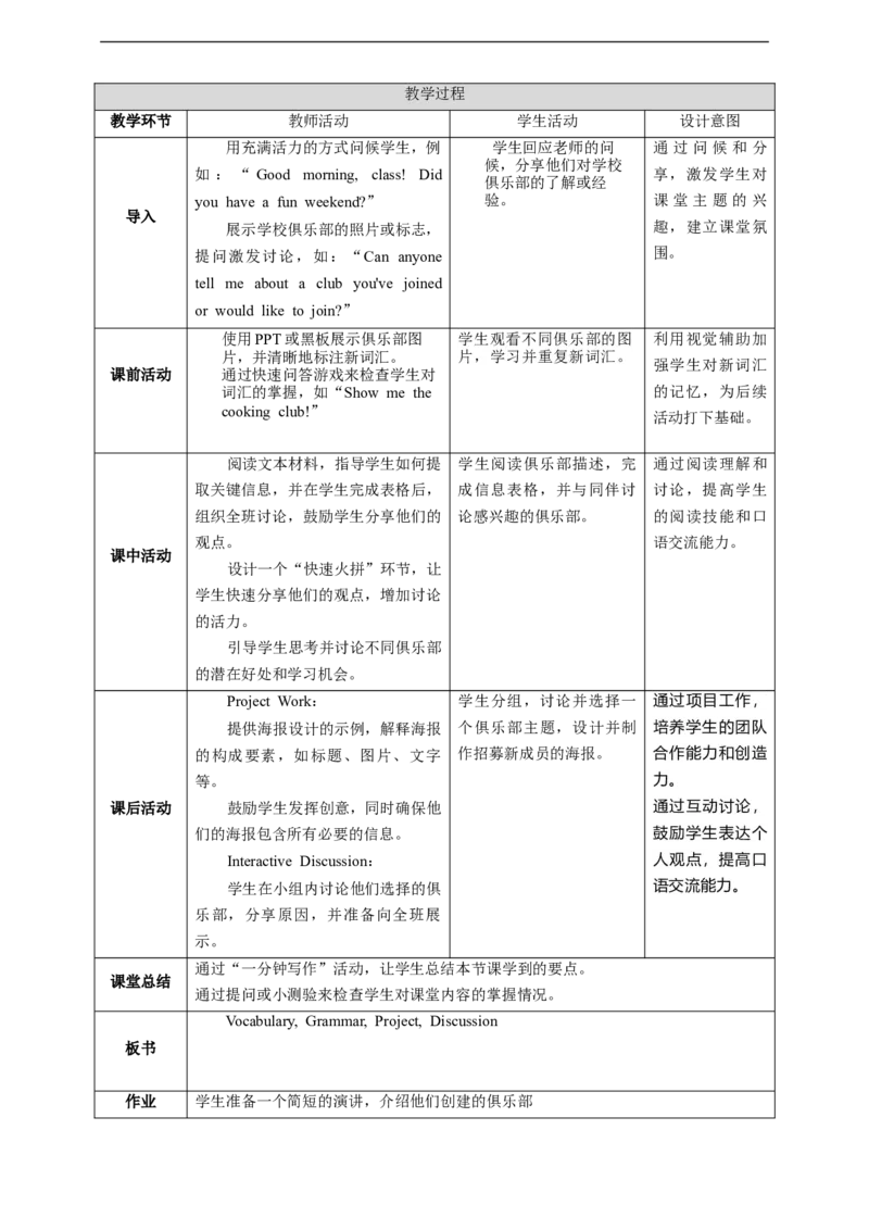 Unit5SectionBWhatcanyoulearninaschoolclub？教学设计_最新人教版英语七年级上册_英语7上最新改版_02.英语7上-教案（表格式）