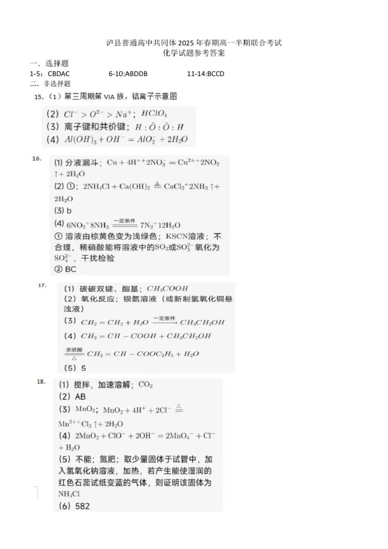 泸县普通高中共同体2025年春期高一半期联合考试化学试题泸县普通高中共同体2025年春期高一半期联合考试化学试题答案_2025年05月试卷