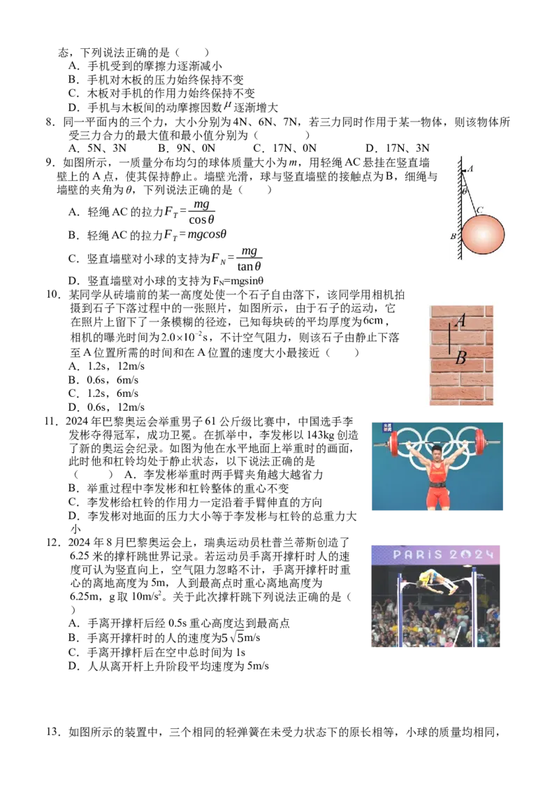 浙江省丽水市五校高中发展共同体期中联考2024-2025学年高一上学期11月期中物理试题_2024年11月试卷_1123浙江省丽水市五校高中发展共同体2024-2025学年高一上学期11月期中联考
