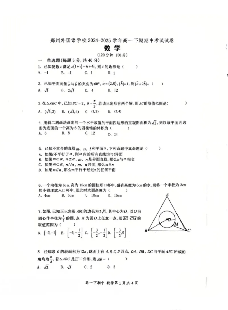 河南省郑州外国语学校2024-2025学年高一下学期期中考试数学试卷_2025年05月试卷_0530河南省郑州外国语学校2024-2025学年高一下学期期中考试