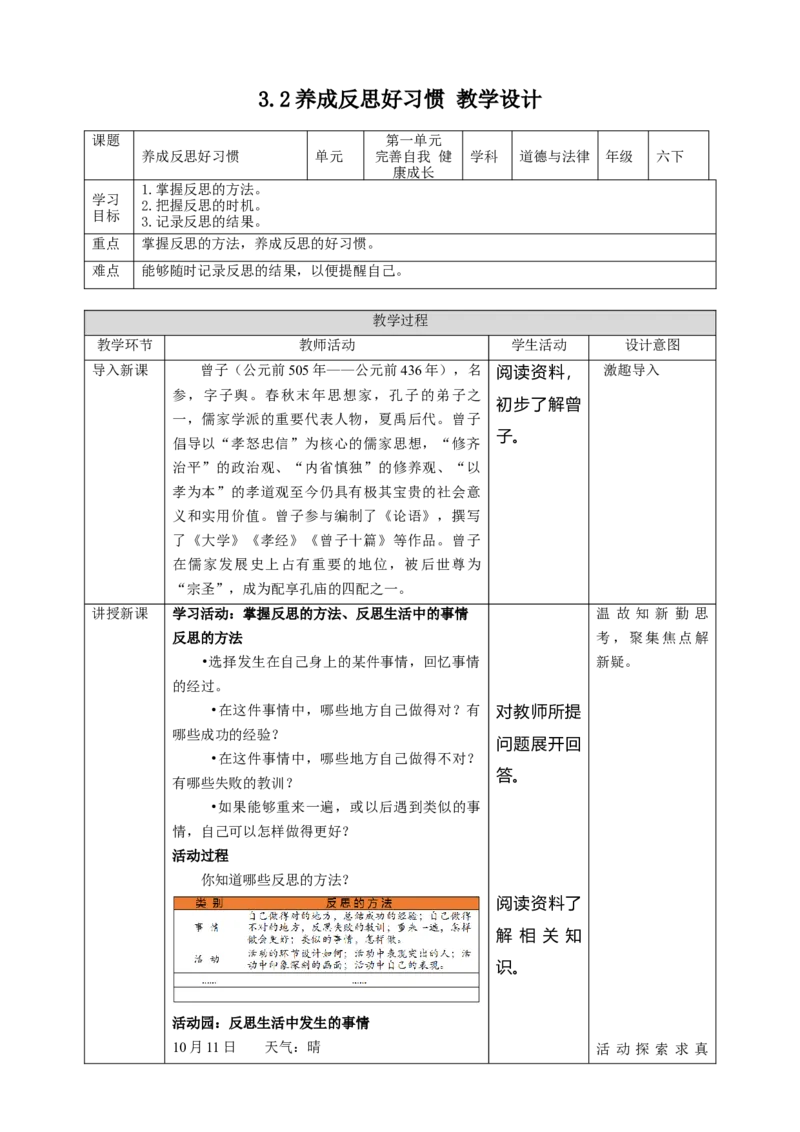 3学会反思（第二课时）教案-六年级下册道德与法治_A493小学道法_26新六年级道法下册（统编版）_教学教案_教案四（配套课件四）