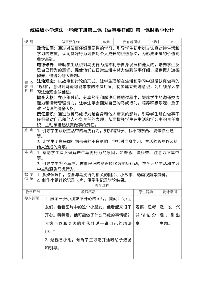 核心素养1.2做事要仔细第一课时_A493小学道法_人教版小学道德与法治教学资源包_人教版小学道德与法治（新教材123年级）(2025秋新版)_1年级下册（25春）_PPT课件+教案