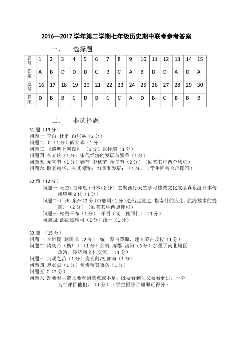 七年级下学期期中考试历史试题_新版初中_最新历史七年级下册_赠送：老版本课件教案参考和新版课文好多一样仍具有很高参考价值_七下新版课件教案（第一套）_期中测试