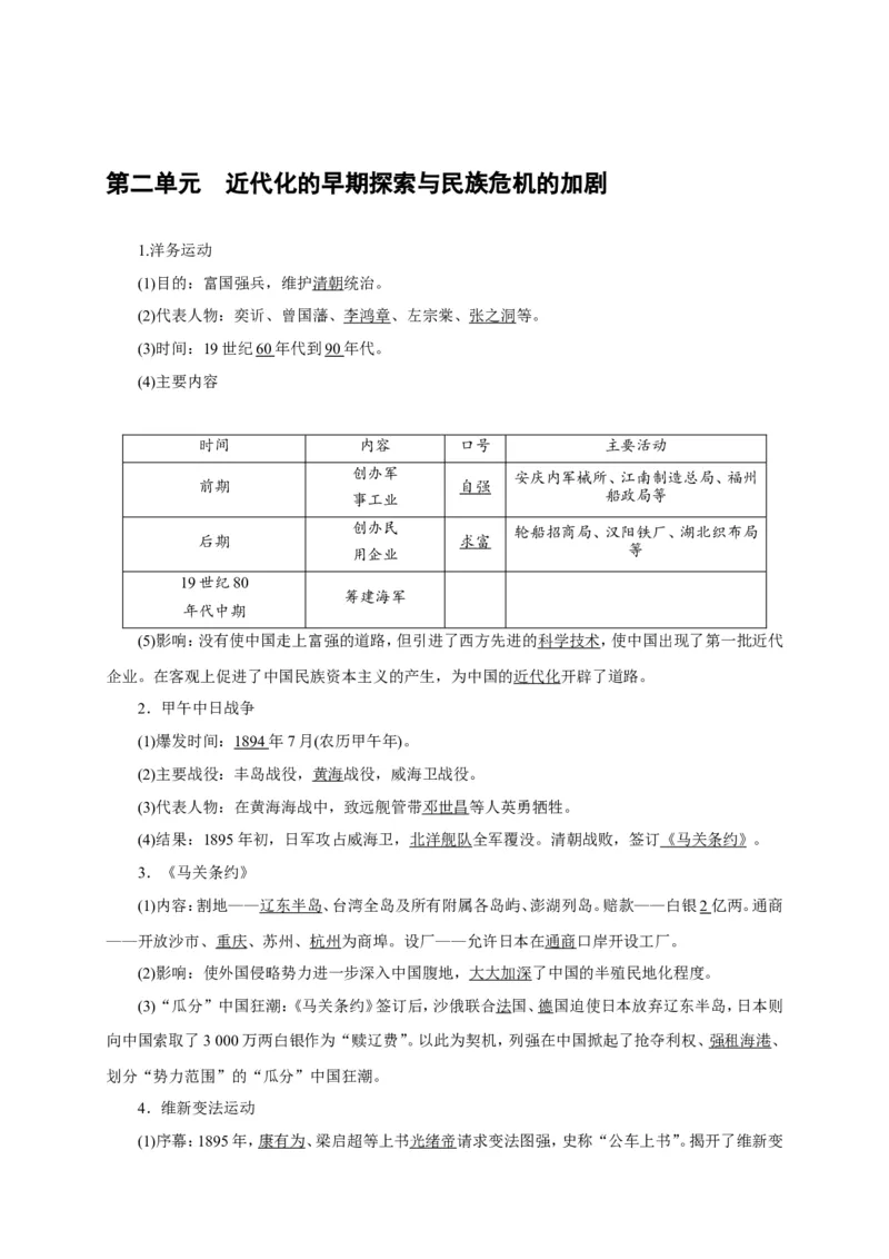 八年级历史部编版上册速记手册第2单元近代化的早期探索与民族危机的加剧_初中_人教版初中历史新八上_5.知识点+复习资料（多套）_期末单元知识点总结_八年级历史部编版上册速记手册