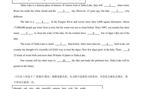 Unit7单元话题选词填空练习（学生版）_最新人教版英语八年级下册_旧版（有参考价值）_版本二_八年级英语下册（人教版）_单元重难点易错题精练-U216