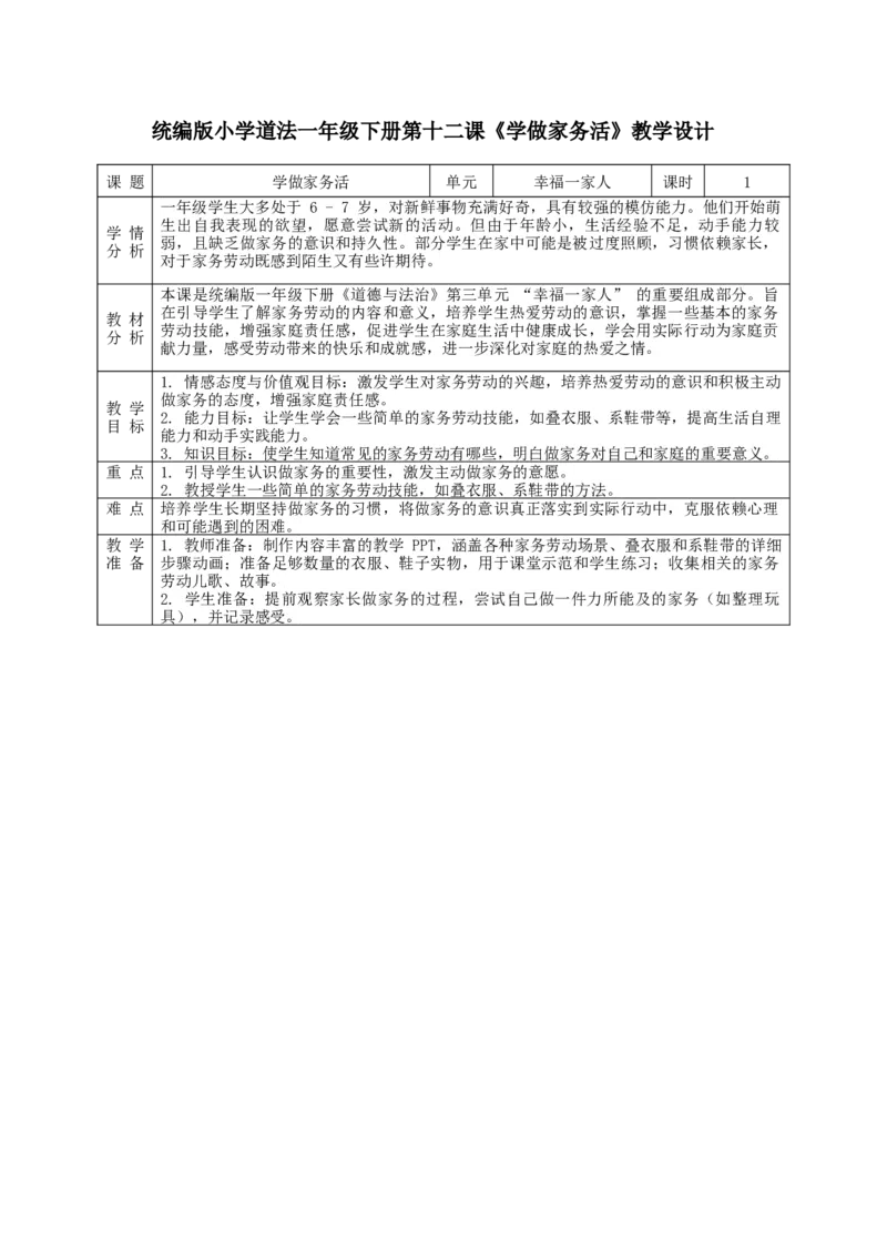 第12课《学做家务活》教学设计_A493小学道法_人教版小学道德与法治教学资源包_人教版小学道德与法治（新教材123年级）(2025秋新版)_1年级下册（25春）_教学设计