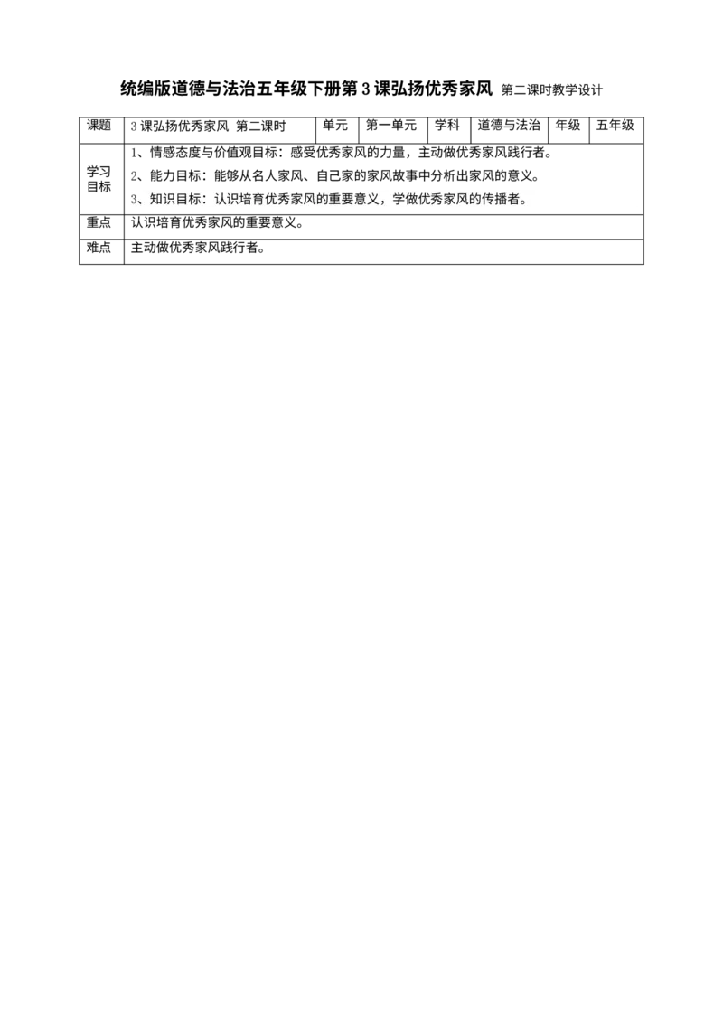 3弘扬优秀家风第二课时教案_A493小学道法_26新五年级道法下册（统编版）_教学教案_教案四