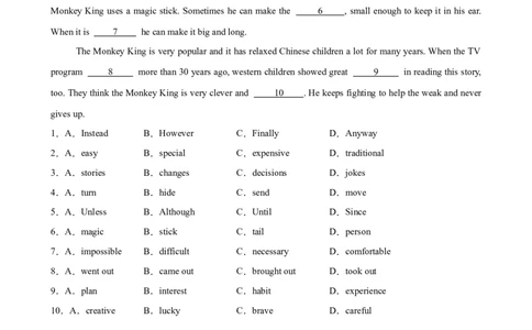 Unit8HaveyoureadTreasureIslandyet单元话题完形填空练习（学生版）_最新人教版英语八年级下册_旧版（有参考价值）_版本二_八年级英语下册（人教版）_单元重难点易错题精练-U216