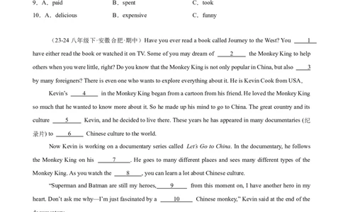 Unit8HaveyoureadTreasureIslandyet单元话题完形填空练习（学生版）_最新人教版英语八年级下册_旧版（有参考价值）_版本二_八年级英语下册（人教版）_单元重难点易错题精练-U216