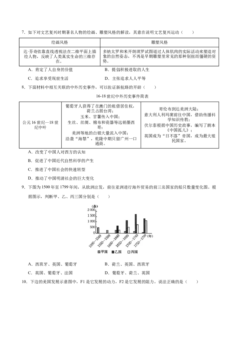 2024-2025第一学期九年级历史期末测试题（能力提升卷）（原卷版）_新版初中_最新历史九年级上册_2025期末