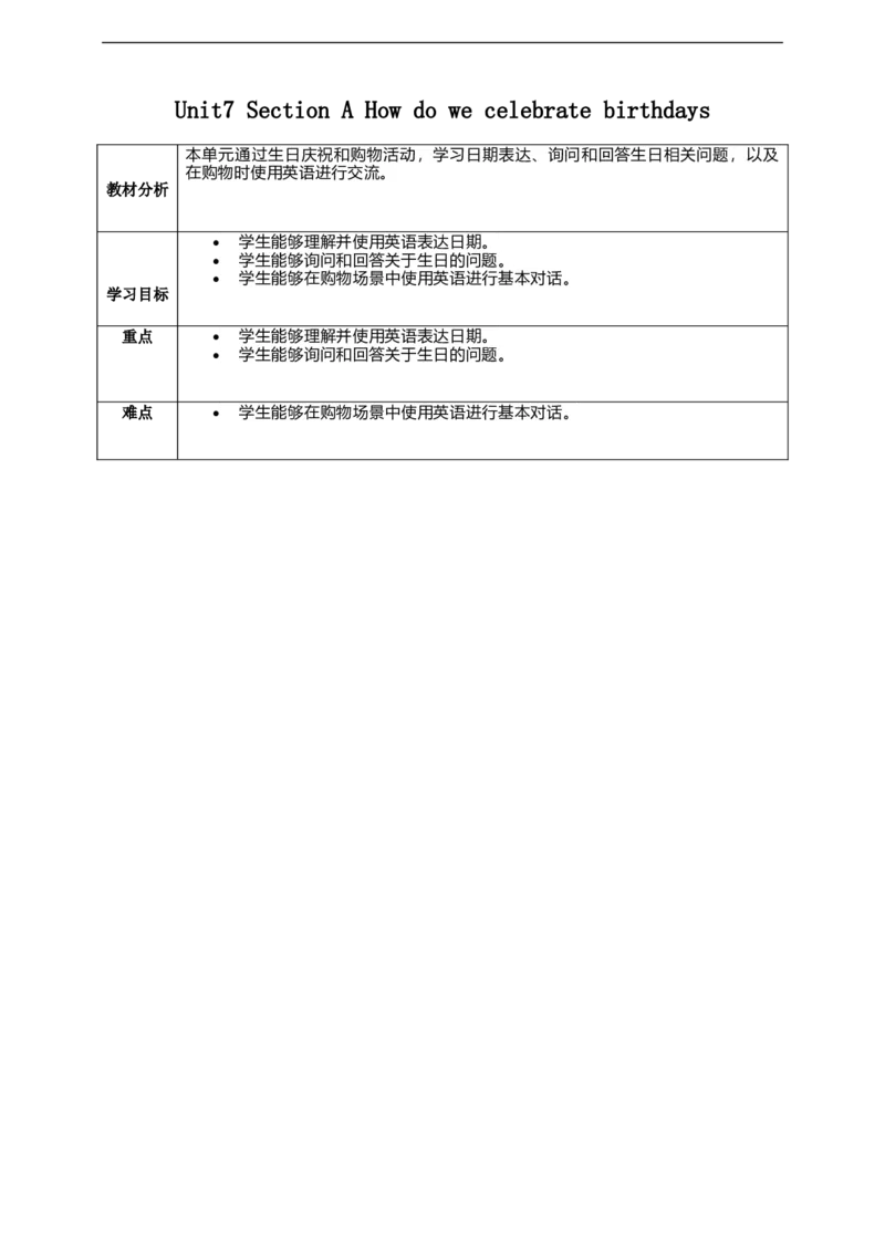 Unit7SectionAHowdowecelebratebirthdays？教学设计_最新人教版英语七年级上册_英语7上最新改版_02.英语7上-教案（表格式）