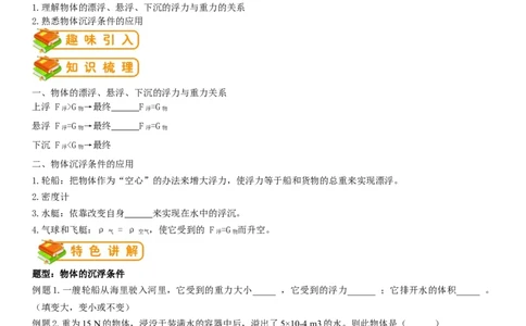 初中物理同步讲义8年级第25讲：物体的沉浮条件及应用（学生版）_初物_人教版初中物理初二三同步讲义习题练习八九年级电子资料word素材_20250116_181533_最新人教版初中物理初二下册