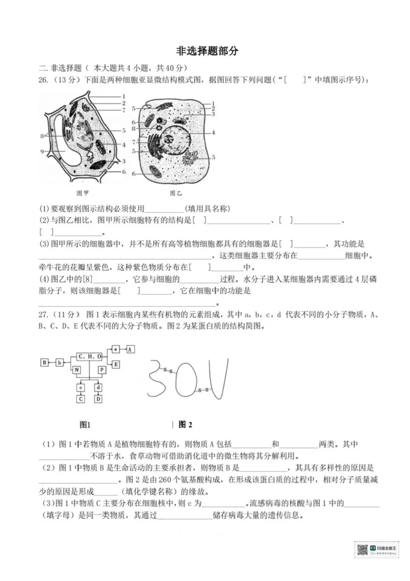 浙江省宁波六校联盟2025-2026学年高一上学期11月期中生物试题含答案_2025年11月高一试卷_251110河浙江宁波六校联盟2025学年第一学期高一期中联考（全）
