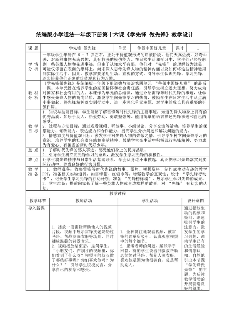 第16课《学先锋，做先锋》教学设计_A493小学道法_人教版小学道德与法治教学资源包_人教版小学道德与法治（新教材123年级）(2025秋新版)_1年级下册（25春）_教学设计