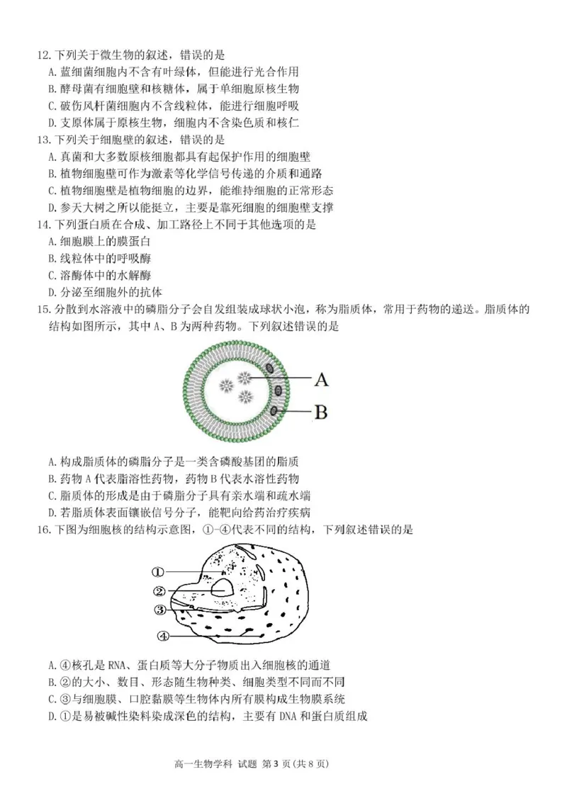 浙江省钱塘联盟2025-2026学年高一上学期11月期中生物试题_2025年12月高一试卷_251204浙江省钱塘联盟2025-2026学年高一上学期期中联考（全）