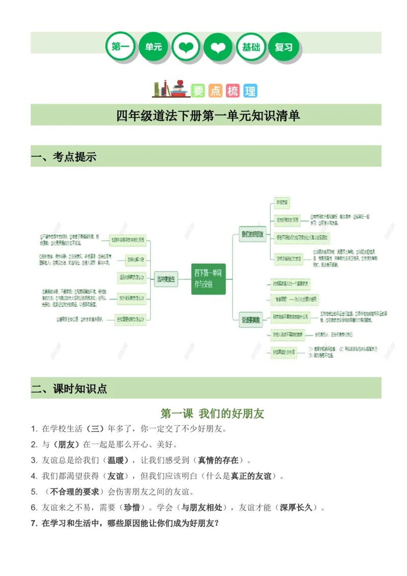 第一单元同伴与交往（知识清单）-（部编版）_A493小学道法_26新四年级道法下册（统编版）_期末总复习-K169