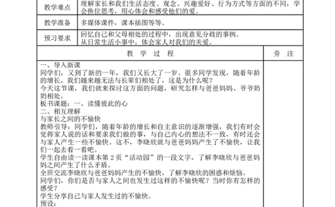 统编版道德与法治五年级下册1、读懂彼此的心表格式教案_A493小学道法_26新五年级道法下册（统编版）_教学教案_教案一