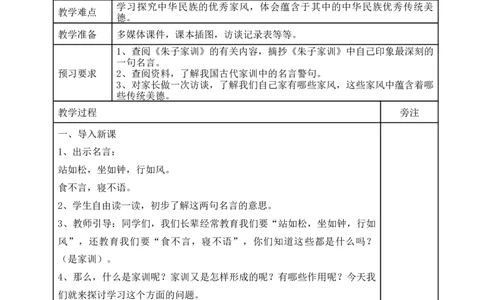 统编版道德与法治五年级下册3、弘扬优秀家风表格式教案_A493小学道法_26新五年级道法下册（统编版）_教学教案_教案一