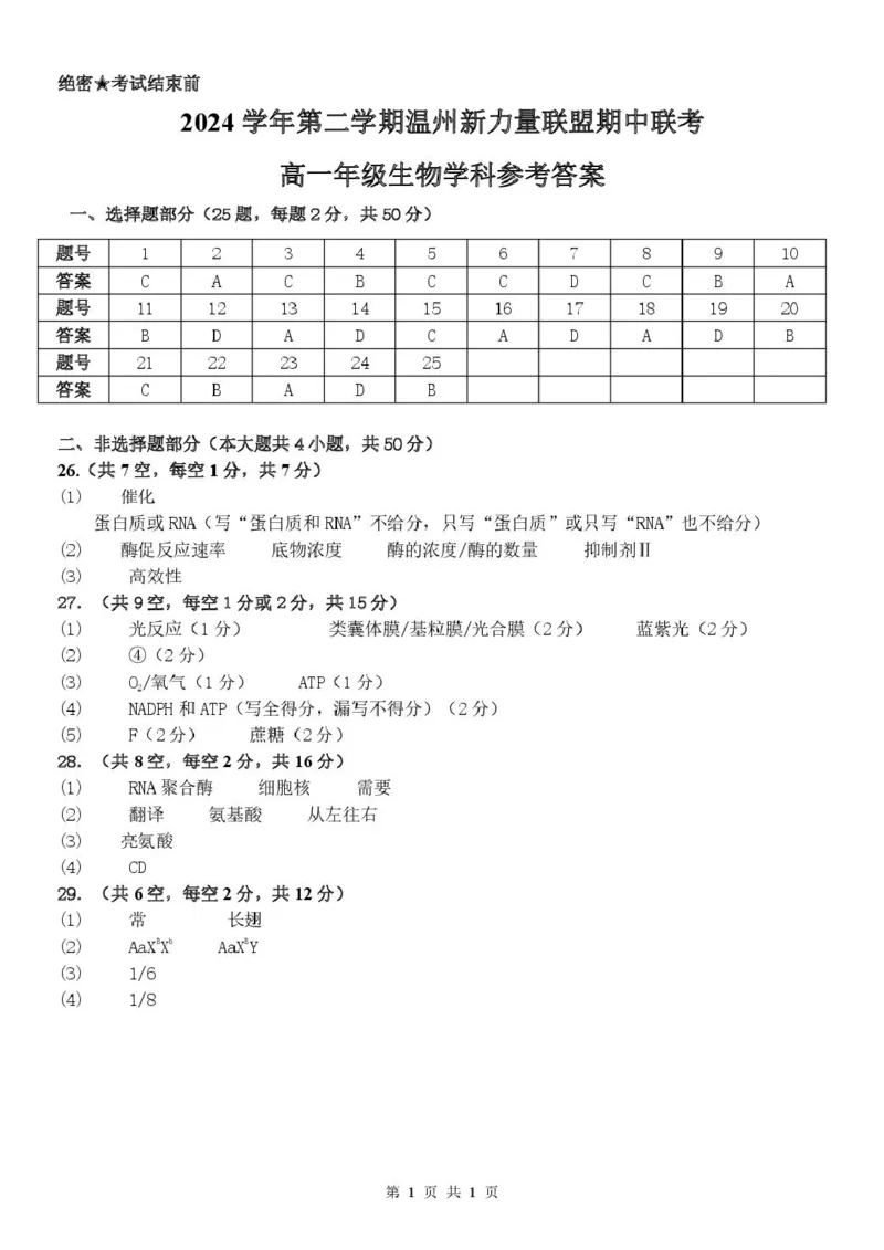 浙江省温州新力量联盟2024-2025学年高一下学期4月期中联考生物答案（图片版）_2025年05月试卷_0519浙江省温州新力量联盟2024-2025学年高一下学期4月期中联考试题