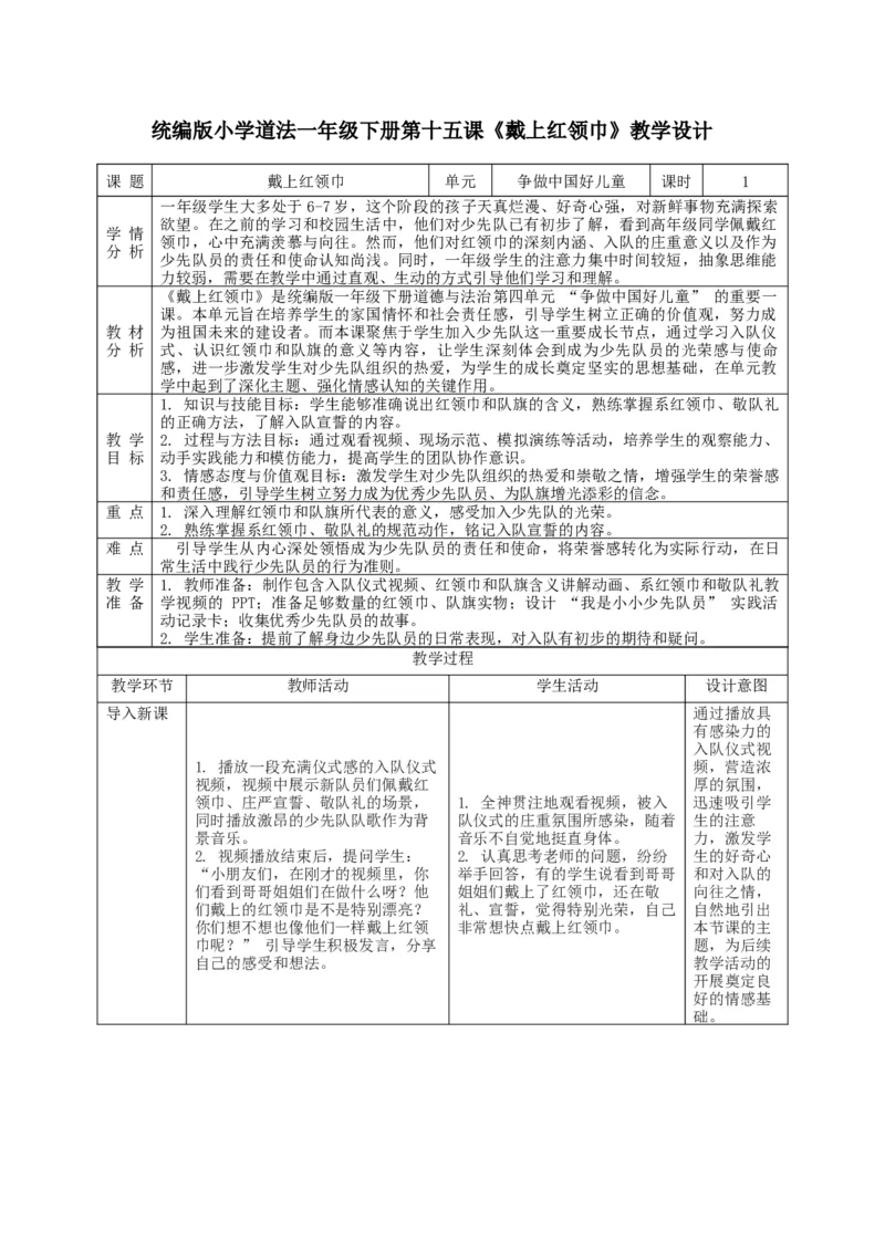 第15课《戴上红领巾》教学设计_A493小学道法_人教版小学道德与法治教学资源包_人教版小学道德与法治（新教材123年级）(2025秋新版)_1年级下册（25春）_教学设计