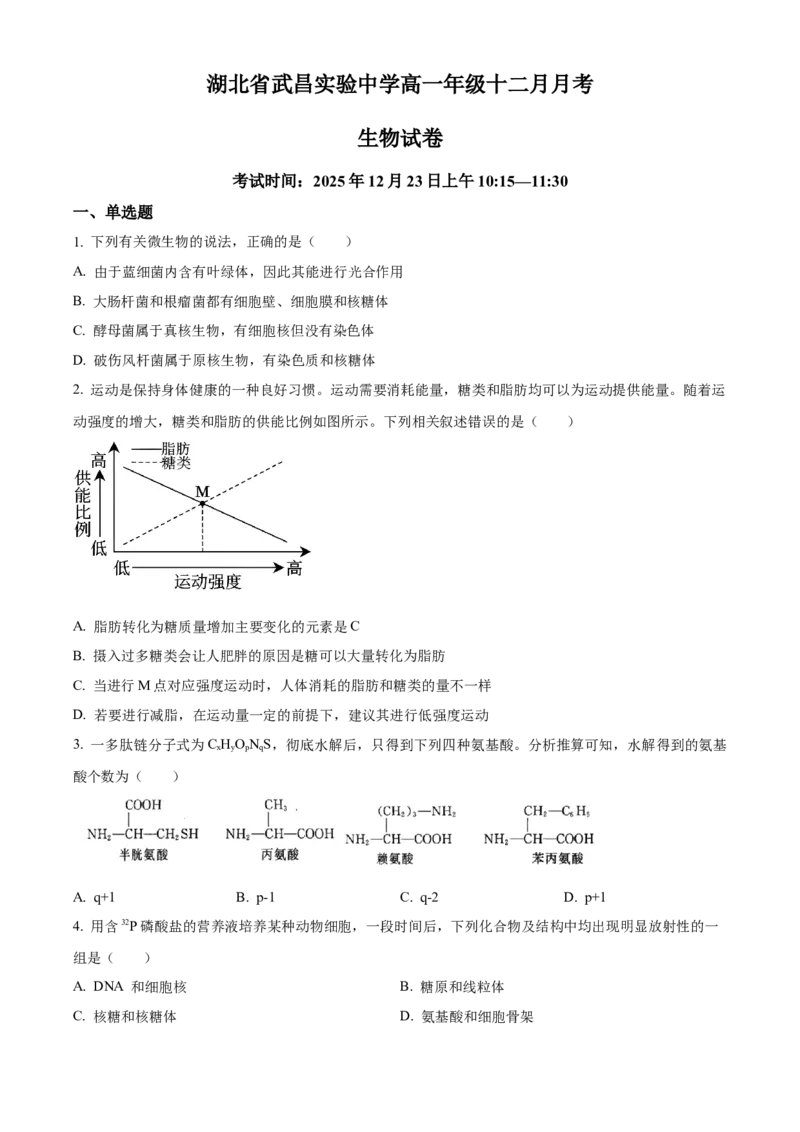 湖北省武昌实验中学2025-2026学年高一上学期十二月月考生物试卷（原卷版）_2026年01月高一试卷_260112湖北省武汉市武昌实验中学2025-2026学年高一上学期12月月考