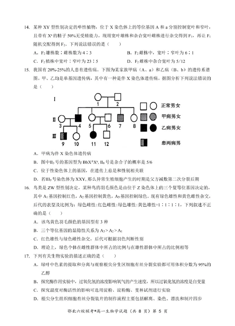 湖北省鄂北六校2024-2025学年度高一下学期期中联考生物试题_2025年04月试卷_0426湖北省鄂北六校2024-2025学年高一下学期期中联考