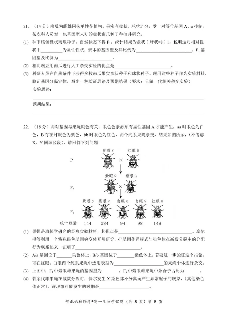 湖北省鄂北六校2024-2025学年度高一下学期期中联考生物试题_2025年04月试卷_0426湖北省鄂北六校2024-2025学年高一下学期期中联考