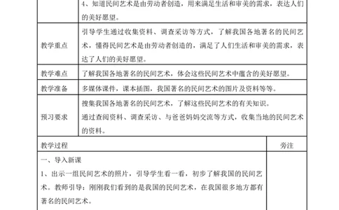 统编版四年级下册道德与法治11、多姿多彩的民间艺术表格式教案_A493小学道法_26新四年级道法下册（统编版）_教学教案_教案二