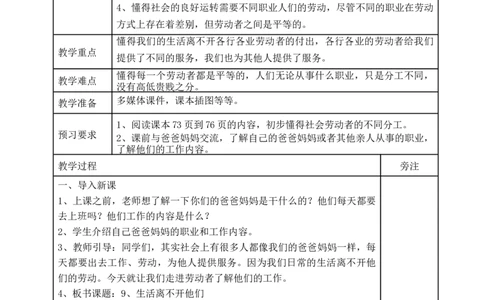 统编版四年级下册道德与法治9、生活离不开他们表格式教案_A493小学道法_26新四年级道法下册（统编版）_教学教案_教案二
