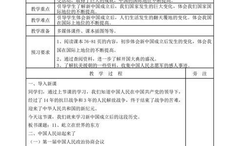 统编版道德与法治五年级下册11、屹立在世界的东方表格式教案_A493小学道法_26新五年级道法下册（统编版）_教学教案_教案一
