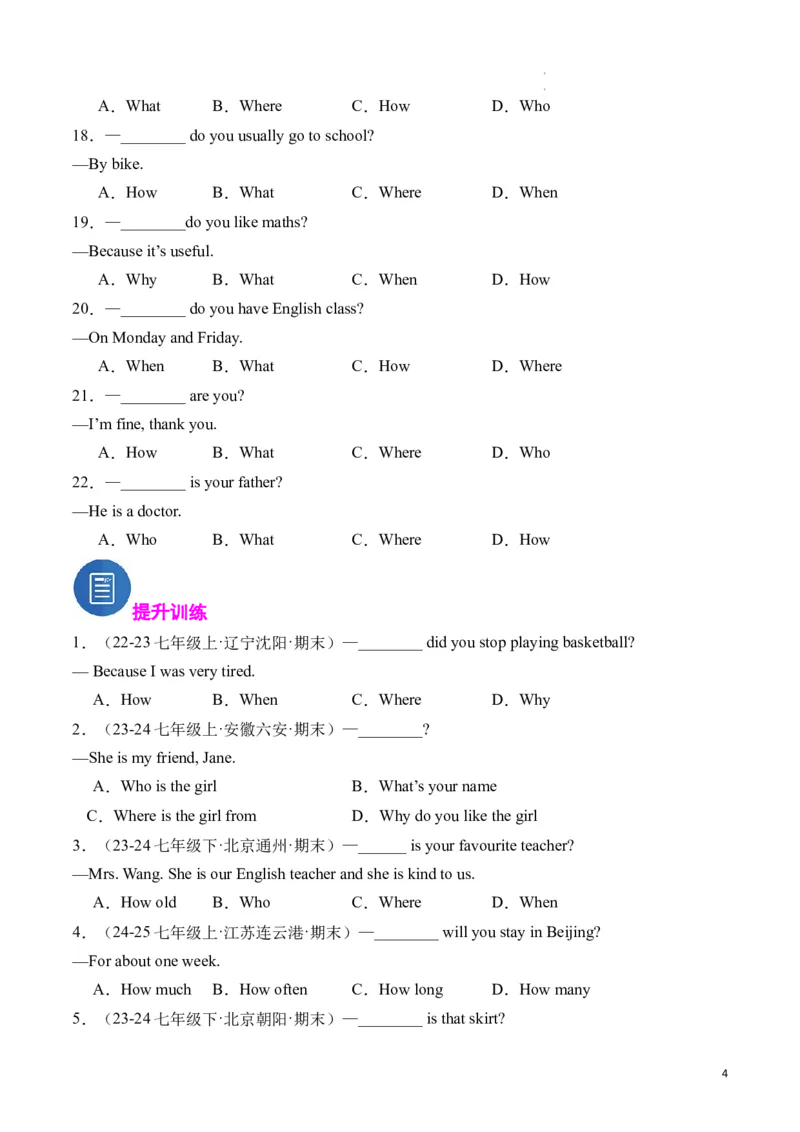 专题06特殊疑问句精讲精练（原卷版）_最新人教版英语七年级下册_七下英语2025版_2024-2025学年七年级英语上学期期末考点大串讲（人教版2024）