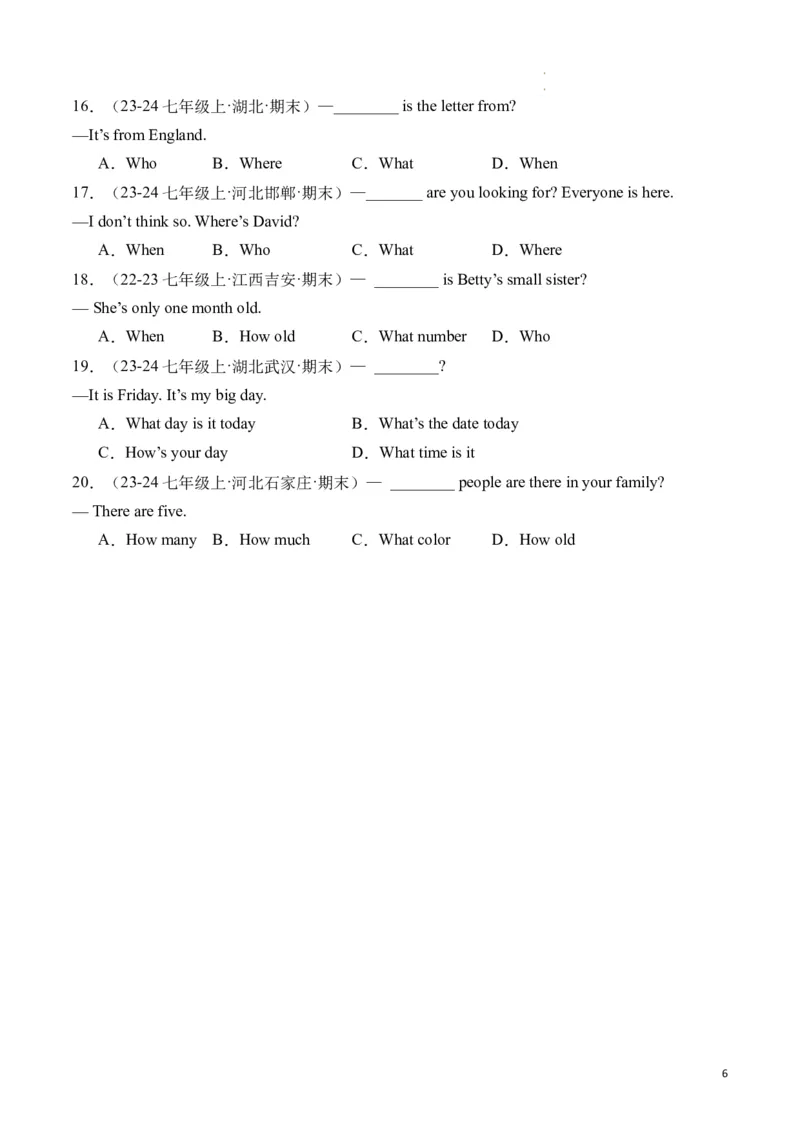专题06特殊疑问句精讲精练（原卷版）_最新人教版英语七年级下册_七下英语2025版_2024-2025学年七年级英语上学期期末考点大串讲（人教版2024）