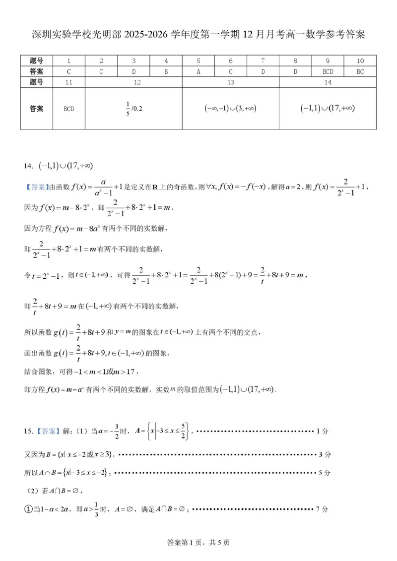 深圳实验学校光明部2025-2026学年高一上学期12月月考数学答案_2025年12月高一试卷_251231深圳实验学校光明部2025-2026学年高一上学期12月月考数学试题+答案