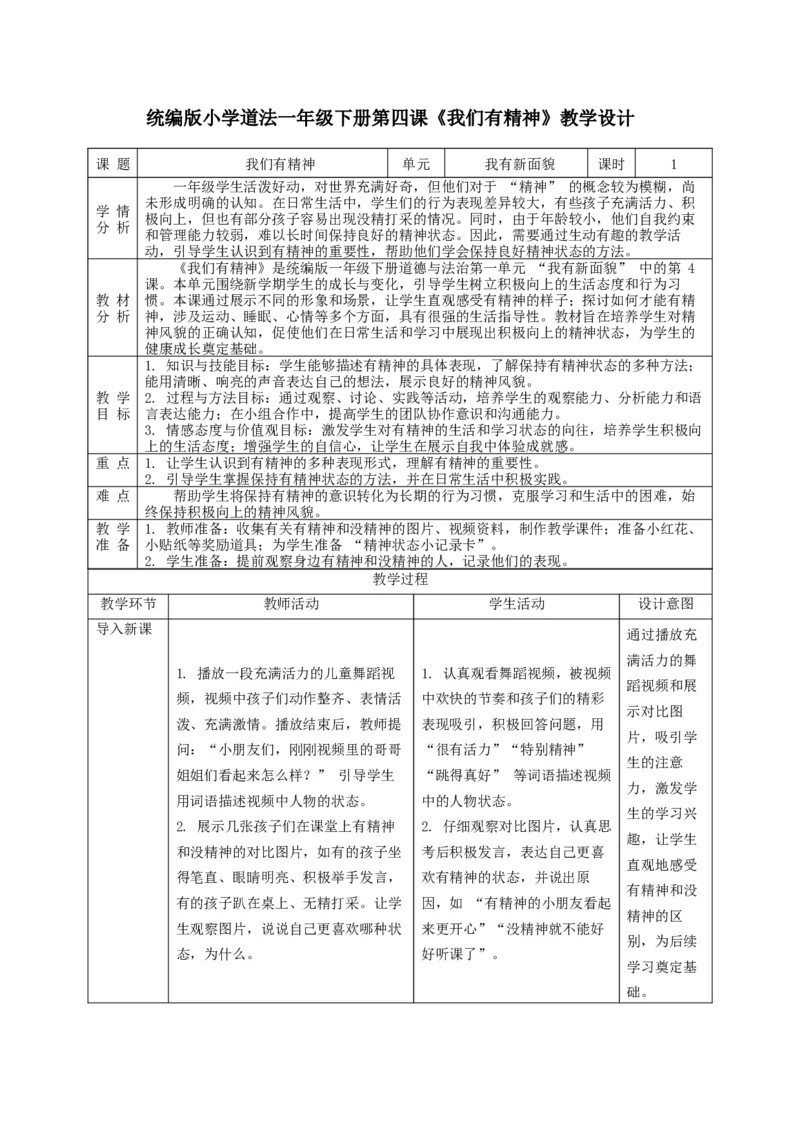 第4课《我们有精神》教学设计_A493小学道法_人教版小学道德与法治教学资源包_人教版小学道德与法治（新教材123年级）(2025秋新版)_1年级下册（25春）_教学设计