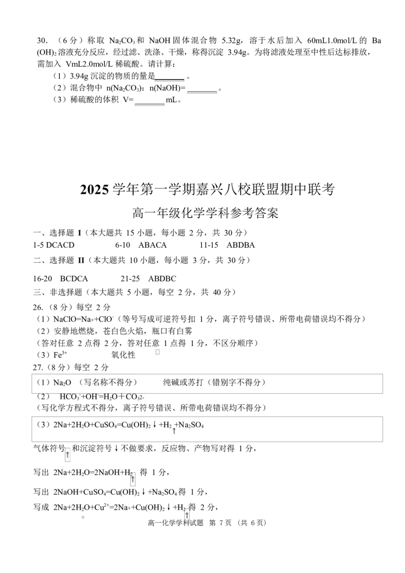 浙江省嘉兴市八校联盟2025-2026学年高一上学期期中考试化学Word版含答案_2025年11月高一试卷_251109浙江省嘉兴市八校联盟2025-2026学年高一上学期期中考试（全）